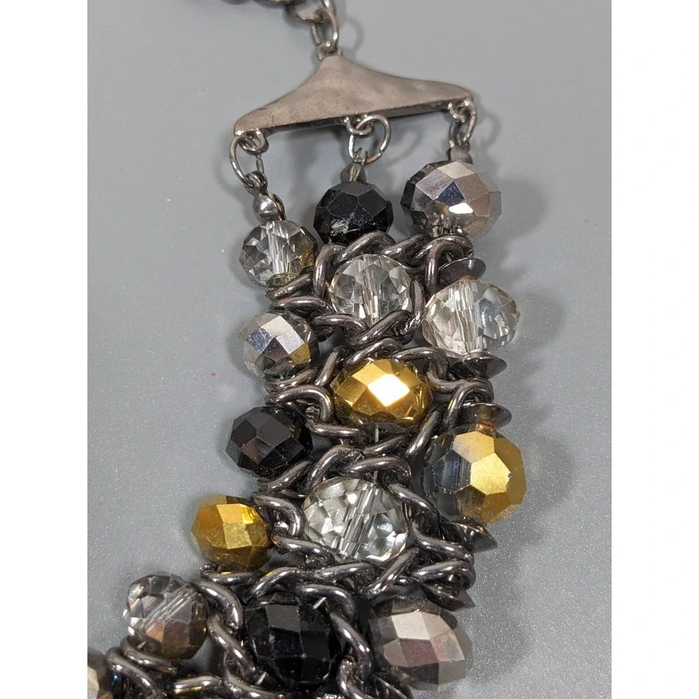 Gunmetal Gray Black Gold Glass Bead Woven Bib‎ Statement Necklace 19